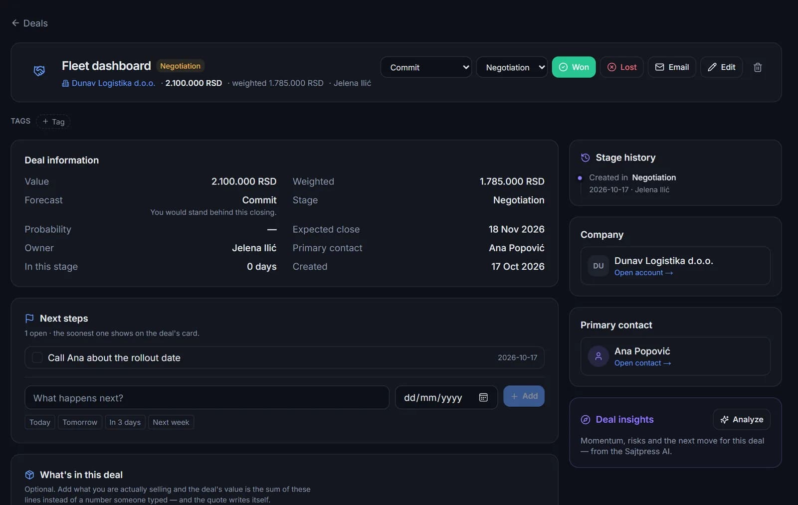 A deal page: value, forecast category, stage, next step and stage history